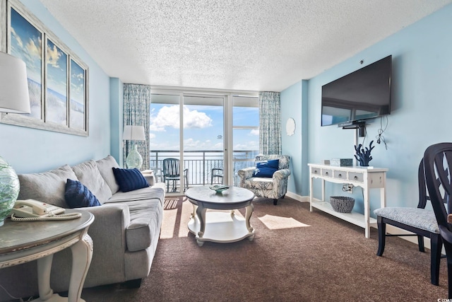 living room with a textured ceiling, a wall of windows, and carpet flooring