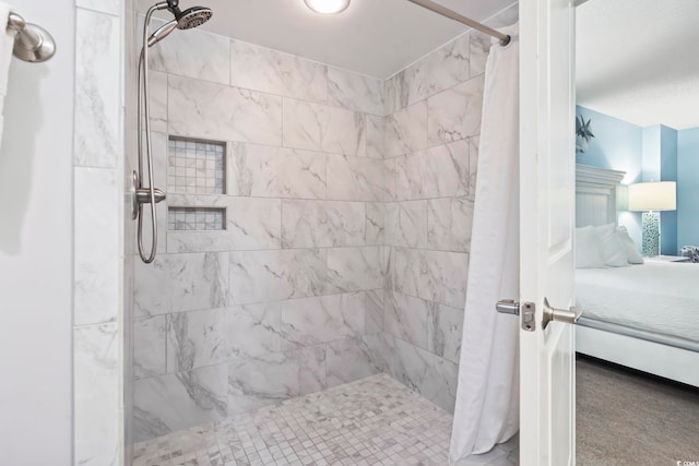 bathroom with curtained shower