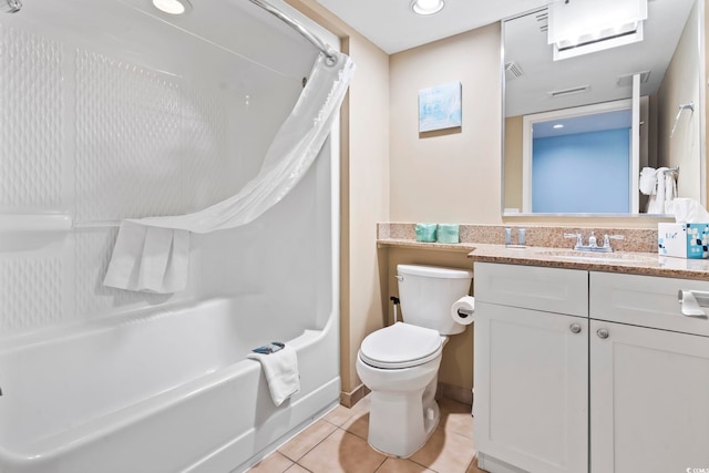 full bathroom with toilet, tile patterned flooring, shower / bathtub combination with curtain, and vanity