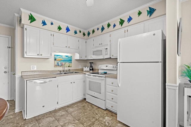 kitchen with sink, a textured ceiling, white cabinets, and white appliances