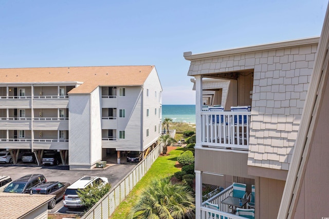 view of building exterior with a water view