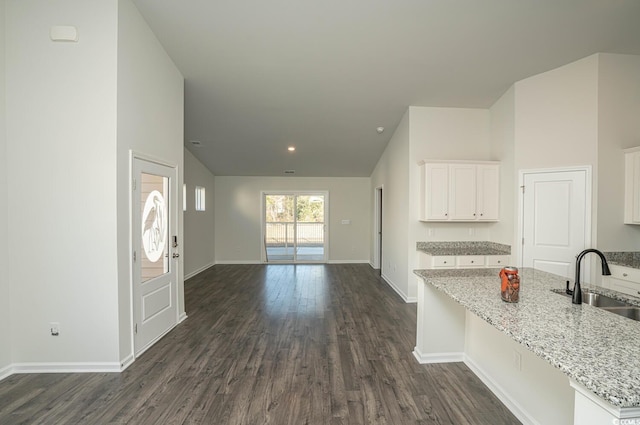 interior space with dark hardwood / wood-style flooring, sink, white cabinets, and light stone countertops