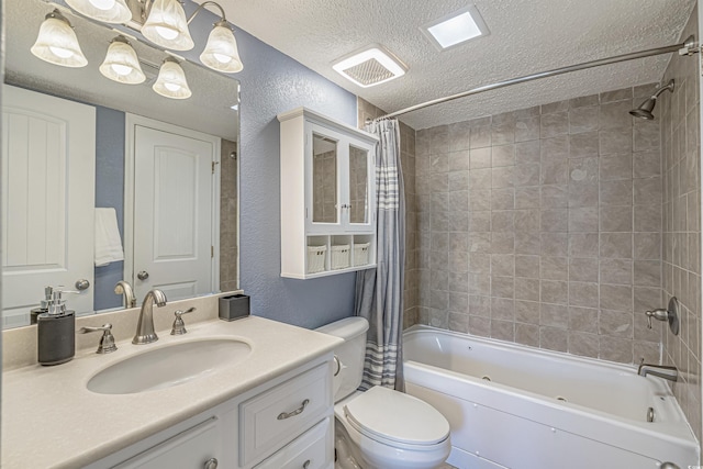 full bathroom with a textured wall, shower / bathtub combination with curtain, a textured ceiling, toilet, and vanity