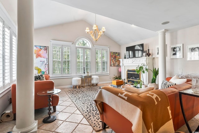 tiled living room with lofted ceiling, a chandelier, and ornate columns