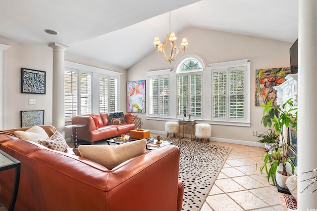 tiled living room featuring vaulted ceiling, a chandelier, and ornate columns