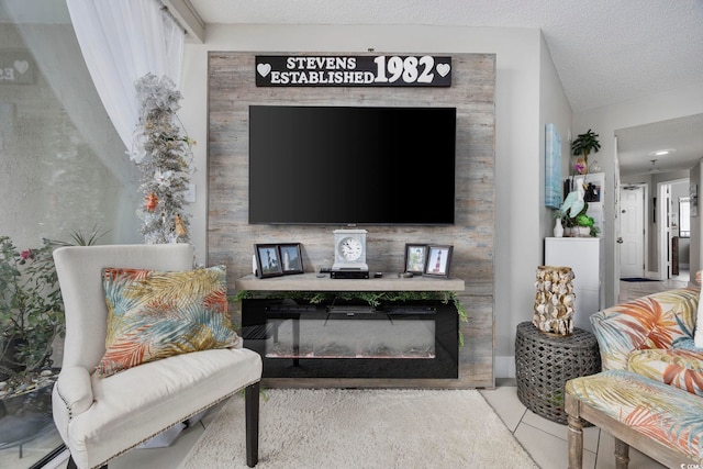 living room featuring a textured ceiling