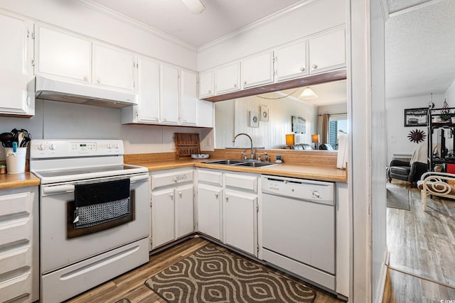 kitchen with white cabinetry, sink, dark hardwood / wood-style floors, and white appliances