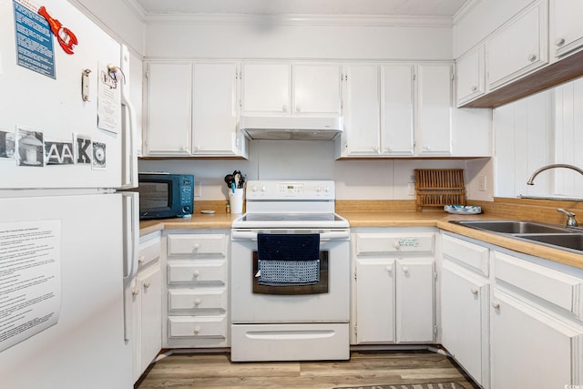 kitchen with white cabinetry, sink, white appliances, and crown molding