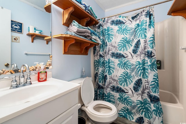 full bathroom featuring toilet, vanity, shower / tub combo with curtain, and ornamental molding