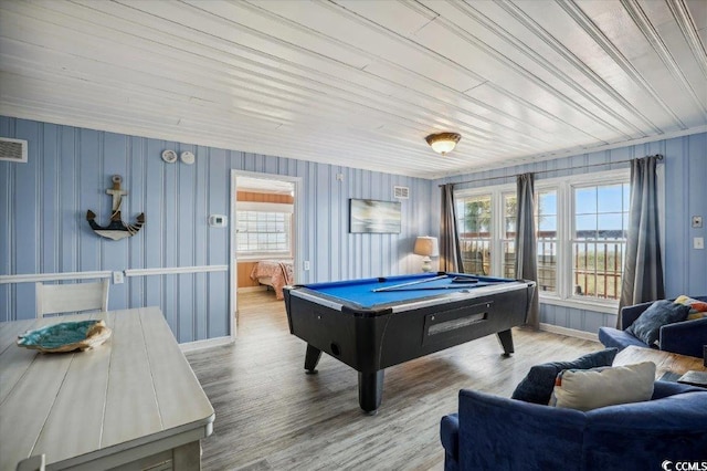 rec room with hardwood / wood-style flooring, billiards, plenty of natural light, and wood ceiling