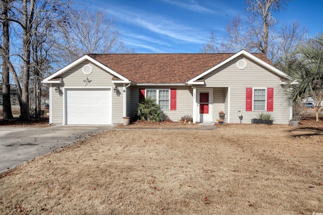 ranch-style house with a front lawn and a garage