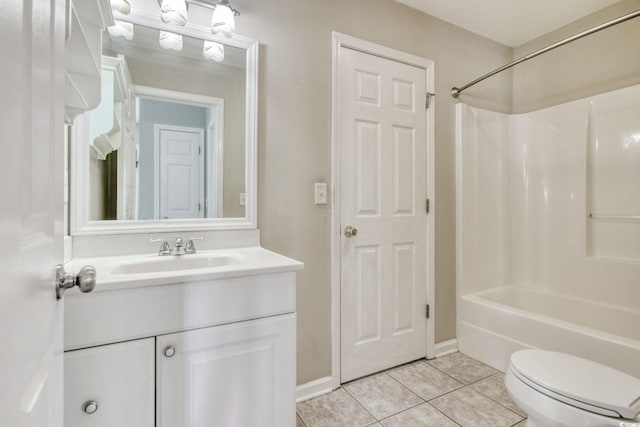 full bathroom with bathtub / shower combination, tile patterned floors, vanity, and toilet