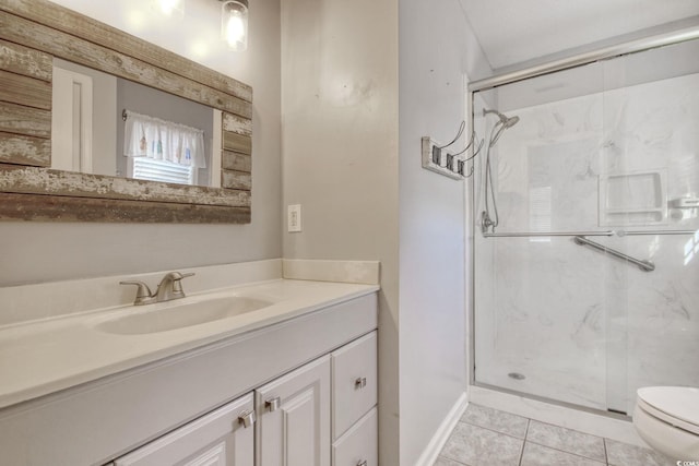 bathroom featuring tile patterned floors, toilet, walk in shower, and vanity