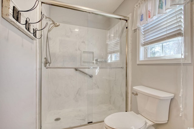 bathroom with toilet and an enclosed shower