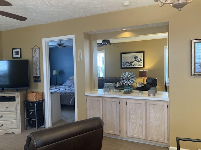 interior space featuring light carpet, a ceiling fan, and a textured ceiling