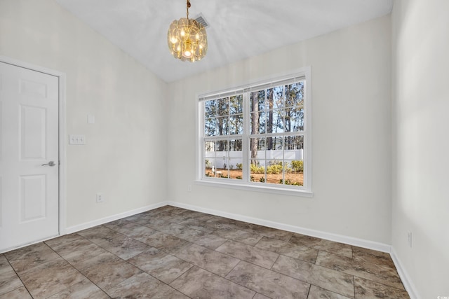 unfurnished dining area featuring vaulted ceiling and an inviting chandelier