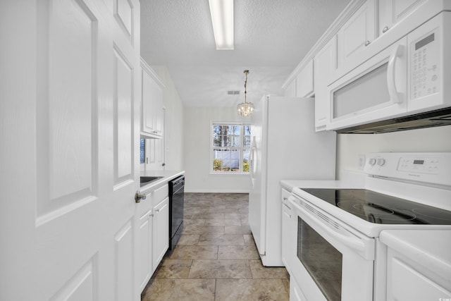 kitchen with an inviting chandelier, white cabinetry, white appliances, hanging light fixtures, and a textured ceiling