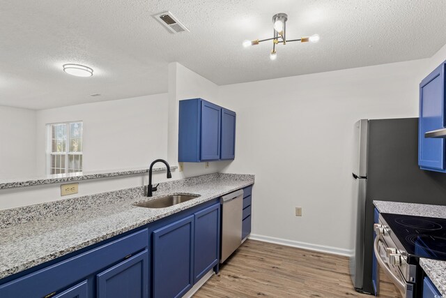 kitchen with wood-type flooring, sink, blue cabinetry, and stainless steel appliances