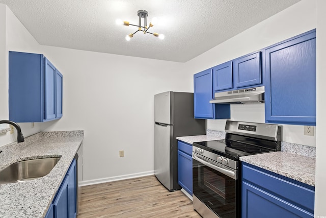 kitchen featuring sink, blue cabinetry, and stainless steel appliances