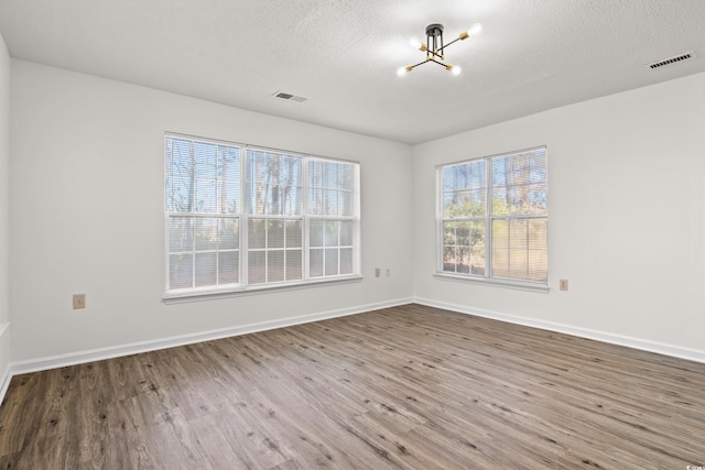 spare room featuring plenty of natural light, a textured ceiling, and hardwood / wood-style floors