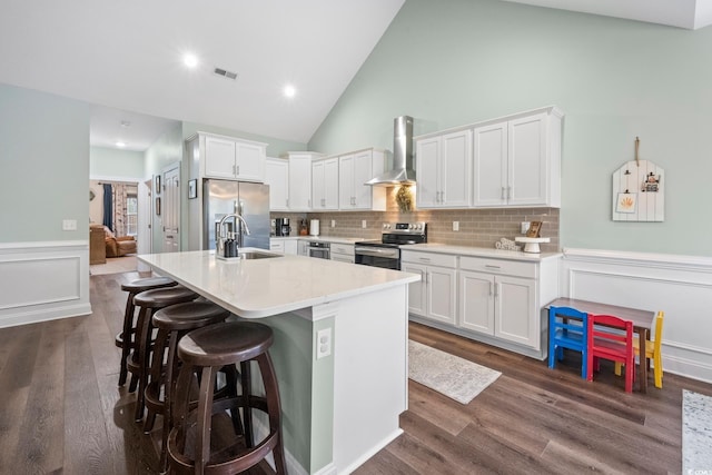 kitchen featuring appliances with stainless steel finishes, wall chimney range hood, high vaulted ceiling, white cabinets, and sink