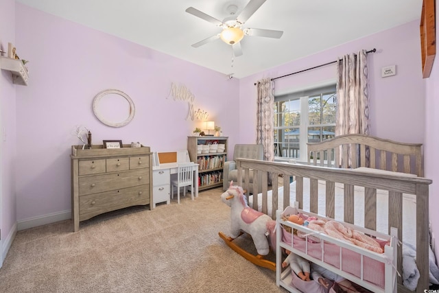 carpeted bedroom with ceiling fan