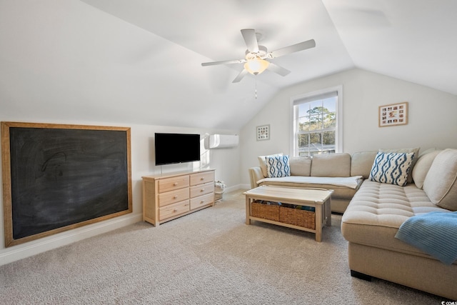 living room with vaulted ceiling, ceiling fan, a wall mounted AC, and light colored carpet