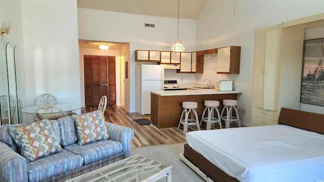 bedroom with high vaulted ceiling, sink, white fridge, and light hardwood / wood-style floors