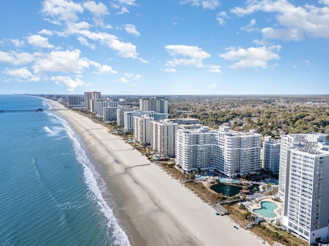 bird's eye view featuring a view of the beach and a water view