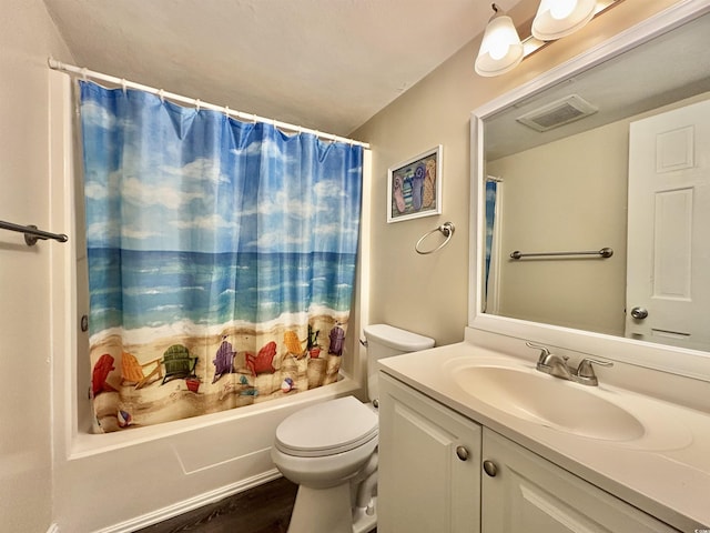 full bathroom with wood-type flooring, toilet, vanity, and shower / bath combo