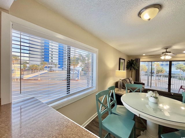 dining space featuring ceiling fan and a textured ceiling