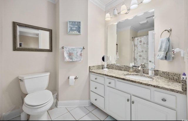 bathroom with crown molding, vanity, toilet, and tile patterned flooring