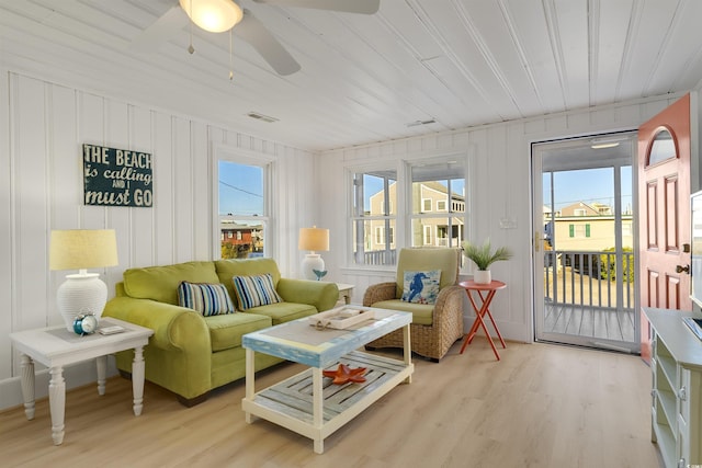 sunroom featuring wooden ceiling and ceiling fan