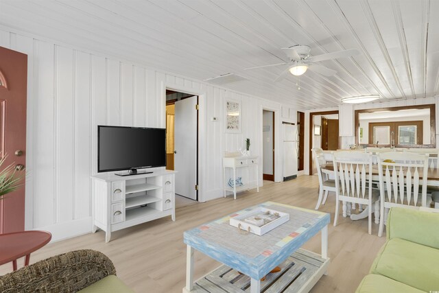 living room with ceiling fan, wood ceiling, and light hardwood / wood-style floors