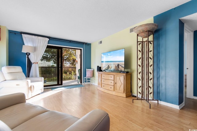 living room featuring wood-type flooring and a textured ceiling