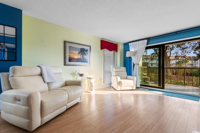 living room featuring a textured ceiling and light wood-type flooring