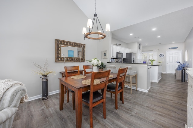 4210 Coquina Harbour Dr Unit A-16, Little River, SC 29566 - dining space featuring dark wood-style flooring, a chandelier, recessed lighting, and high vaulted ceiling