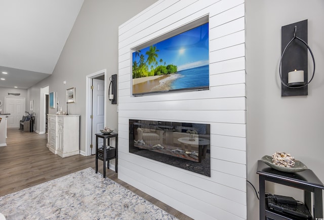 4210 Coquina Harbour Dr Unit A-16, Little River, SC 29566 - living room featuring a glass covered fireplace, wood finished floors, high vaulted ceiling, and recessed lighting