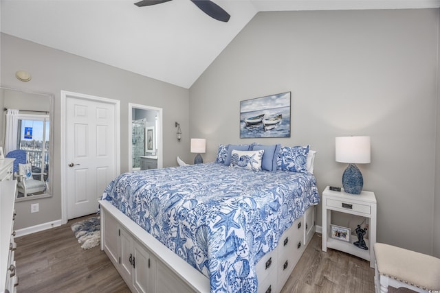 4210 Coquina Harbour Dr Unit A-16, Little River, SC 29566 - bedroom with vaulted ceiling, wood finished floors, ensuite bathroom, and a ceiling fan