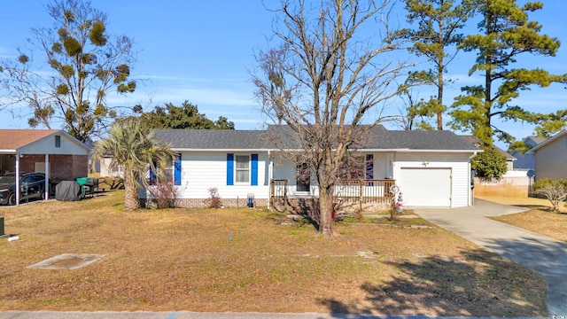 single story home with a front yard, covered porch, and a garage