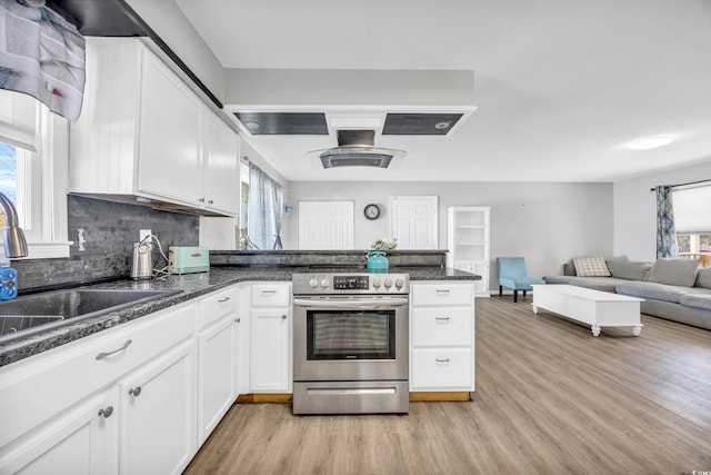 789 University Forest Cir, Conway, SC 29526 - kitchen with stainless steel electric stove, light wood-style floors, open floor plan, white cabinets, and a peninsula