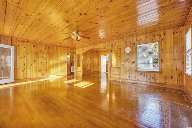 spare room featuring ceiling fan, hardwood / wood-style floors, wood walls, and wooden ceiling