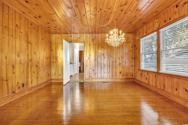 empty room with a notable chandelier, hardwood / wood-style flooring, wood walls, and wooden ceiling