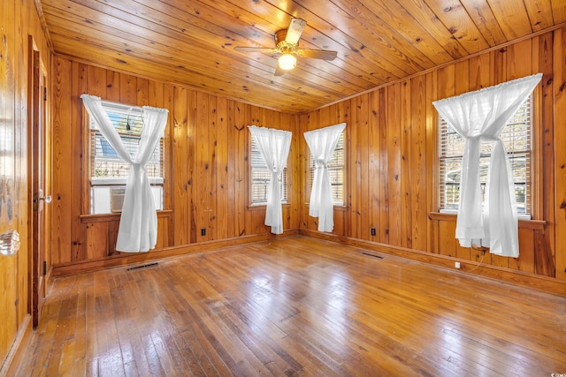 unfurnished room featuring hardwood / wood-style flooring, ceiling fan, wood walls, and wood ceiling