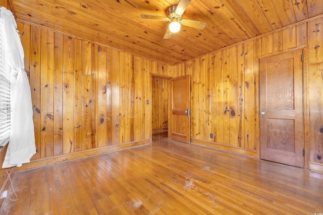 empty room featuring ceiling fan, wooden ceiling, wood-type flooring, and wood walls