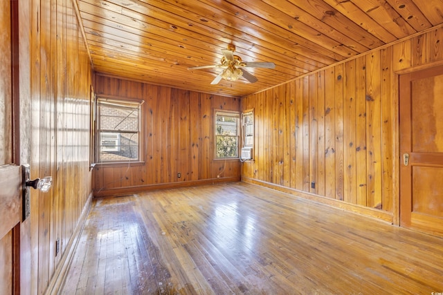 unfurnished room featuring wood walls, wooden ceiling, hardwood / wood-style floors, and ceiling fan