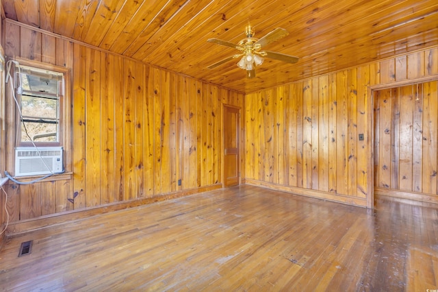 unfurnished room featuring hardwood / wood-style flooring, wooden ceiling, cooling unit, and ceiling fan