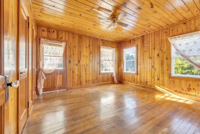 unfurnished room featuring ceiling fan, hardwood / wood-style flooring, wooden walls, and wooden ceiling