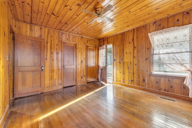 unfurnished bedroom with wood ceiling, wood-type flooring, and wooden walls