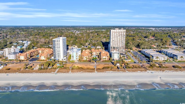 drone / aerial view featuring a water view and a view of the beach